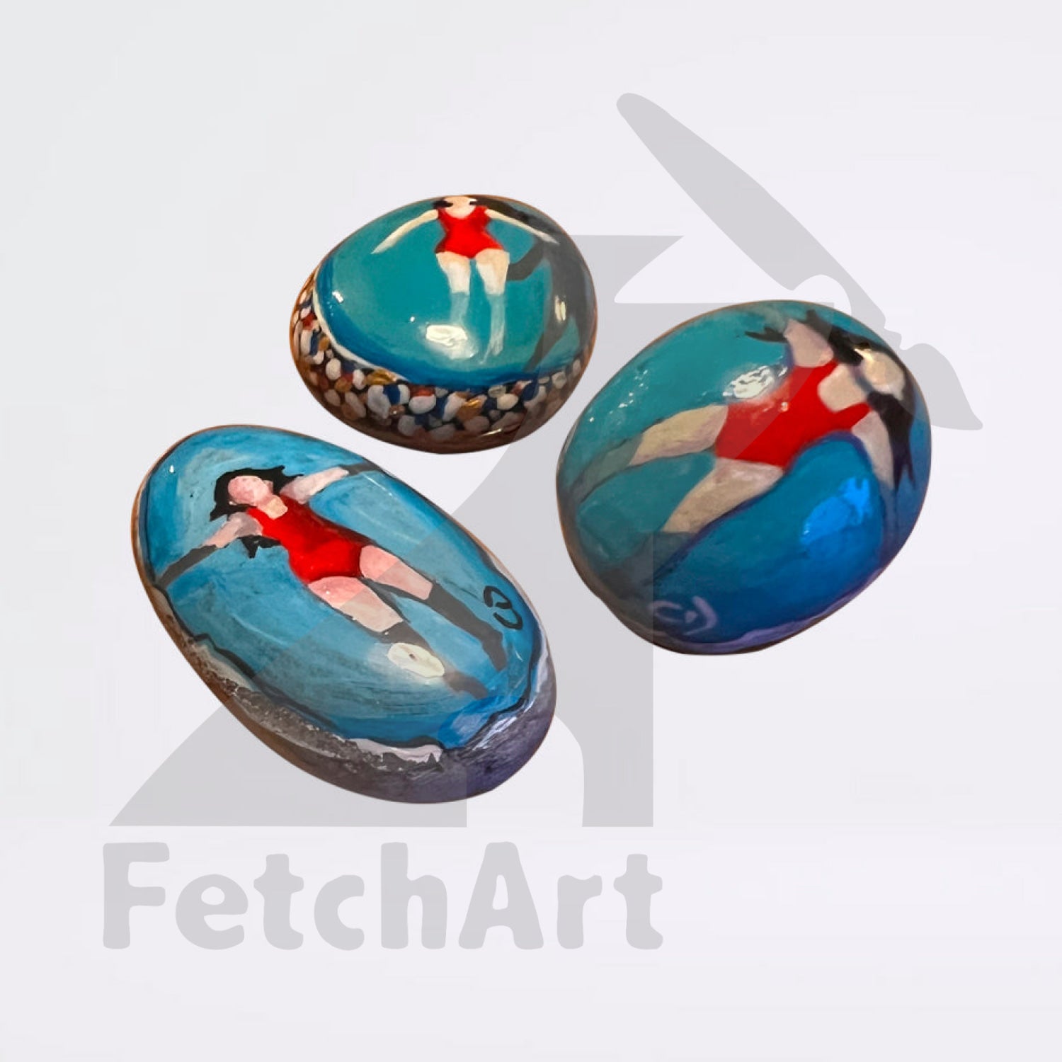 Summer drift woman floating in water hand painted beach stone (single piece) Bathroom Décor