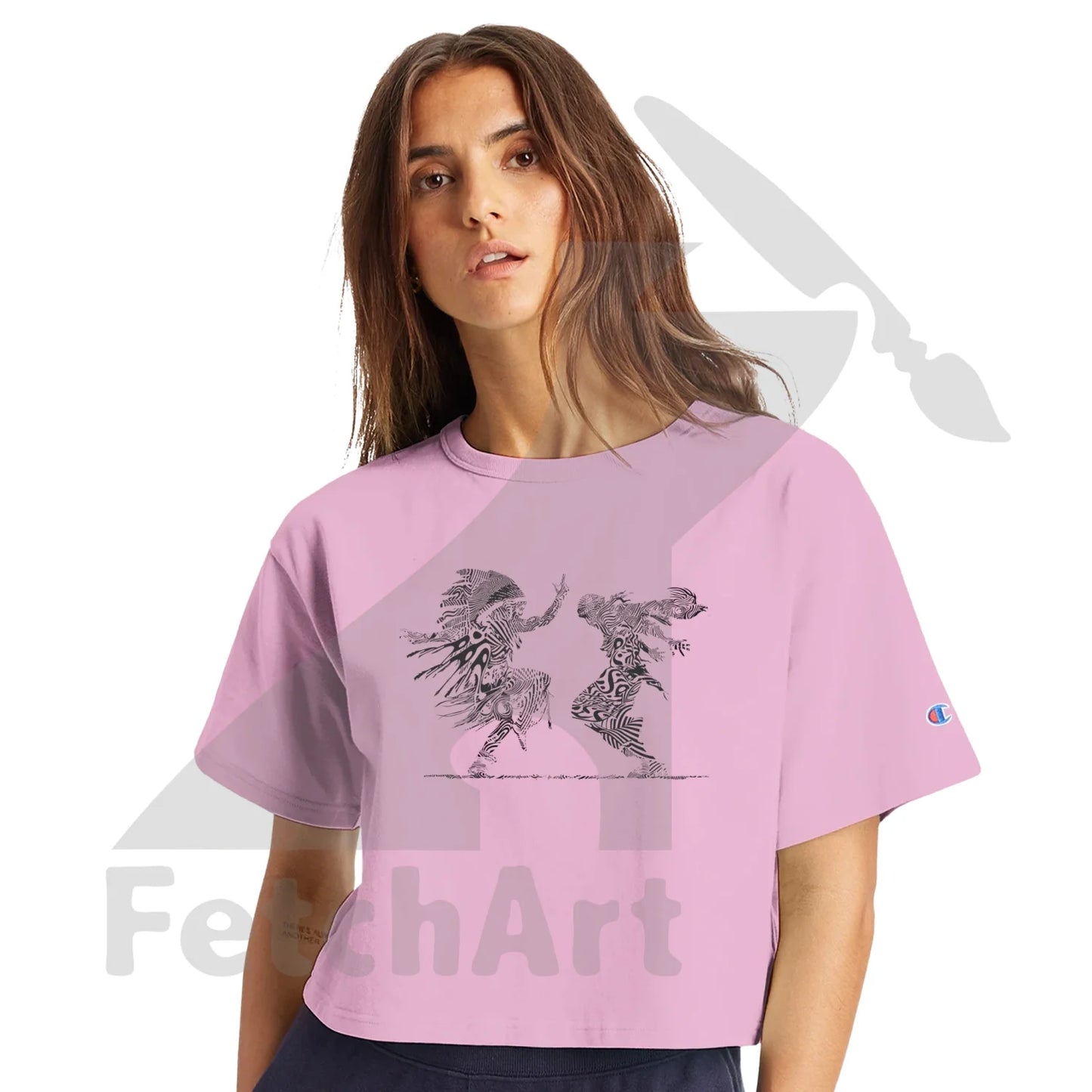 Pink Champion women’s cropped crewneck featuring The Freedom Dance Is Never Still wearable protest art.