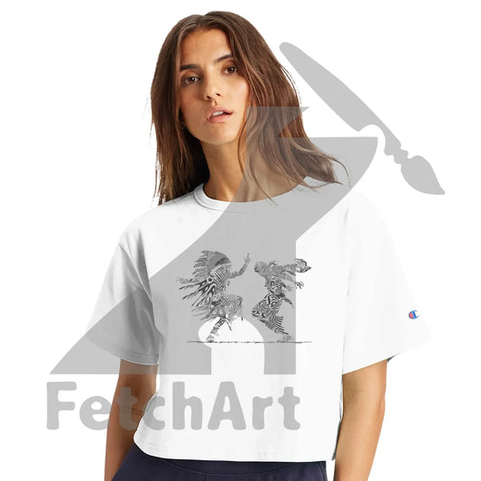White Champion women’s cropped crewneck featuring The Freedom Dance Is Never Still wearable protest art