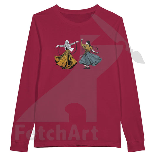 Unisex Freedom Dance long sleeve t‑shirt with textured granulated gold wearable art